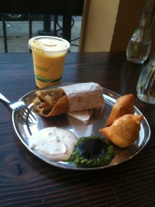 A kati roll, two samosas, mango lassi, and sauce.  ~$12 and delicious!